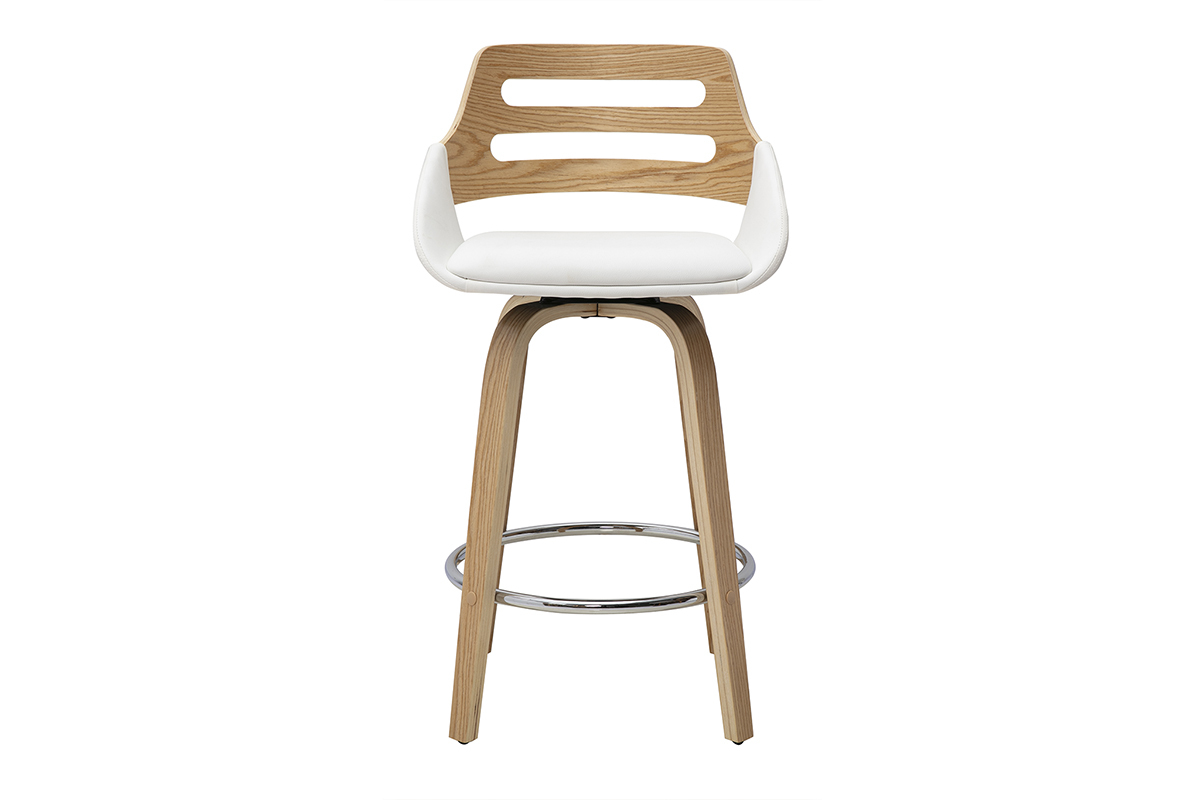 Taburete de bar escandinavo giratorio blanco y madera clara, vista frontal, altura 65,5 cm.