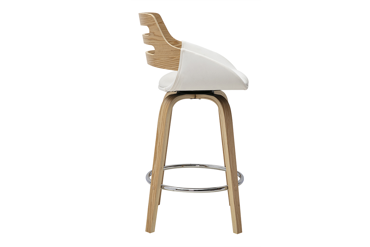 Taburete de bar escandinavo blanco y madera clara visto de perfil, altura 65,5 cm, con asiento giratorio.