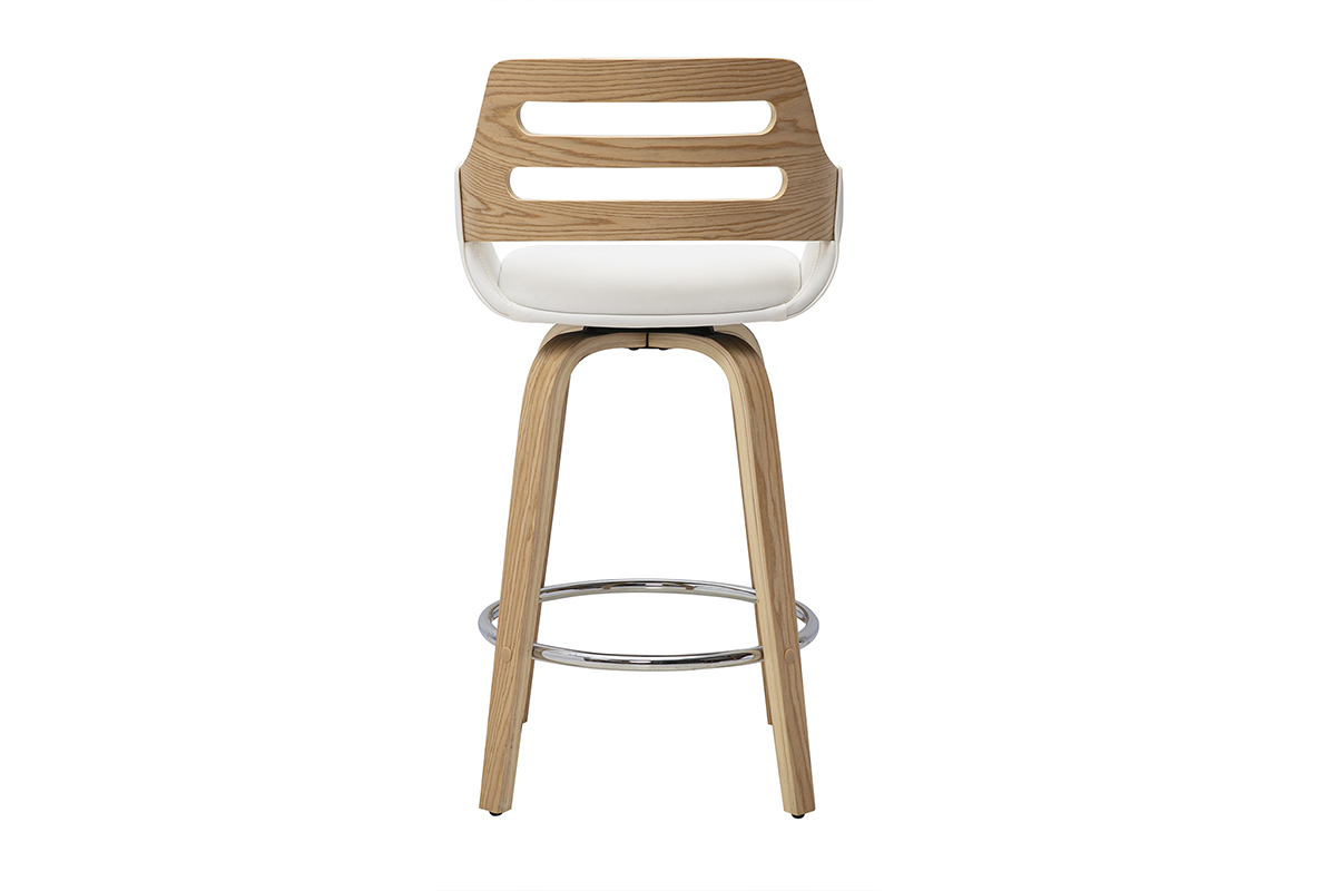 Taburete de bar escandinavo giratorio blanco y madera clara, vista trasera, H65.5 cm.