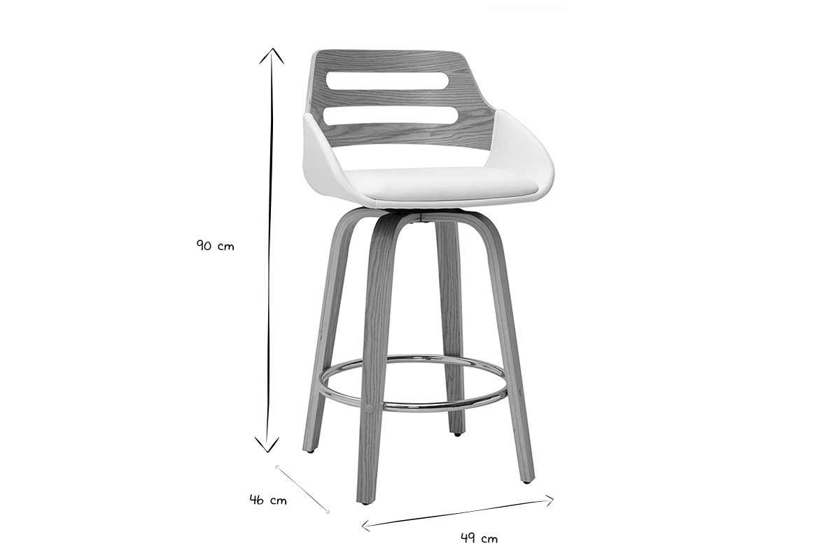 Dimensiones de un taburete de bar escandinavo en blanco y negro: altura 90 cm, asiento 46 cm, ancho 49 cm.