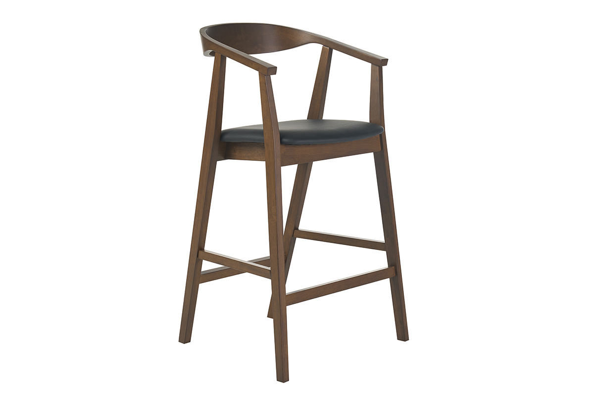 Taburete de bar escandinavo negro y madera oscura, vista de 3/4, con reposabrazos y respaldo alto.