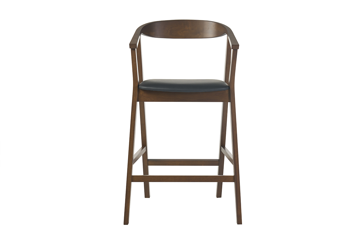 Taburete de bar escandinavo negro y madera oscura, vista frontal, H66.5 cm.