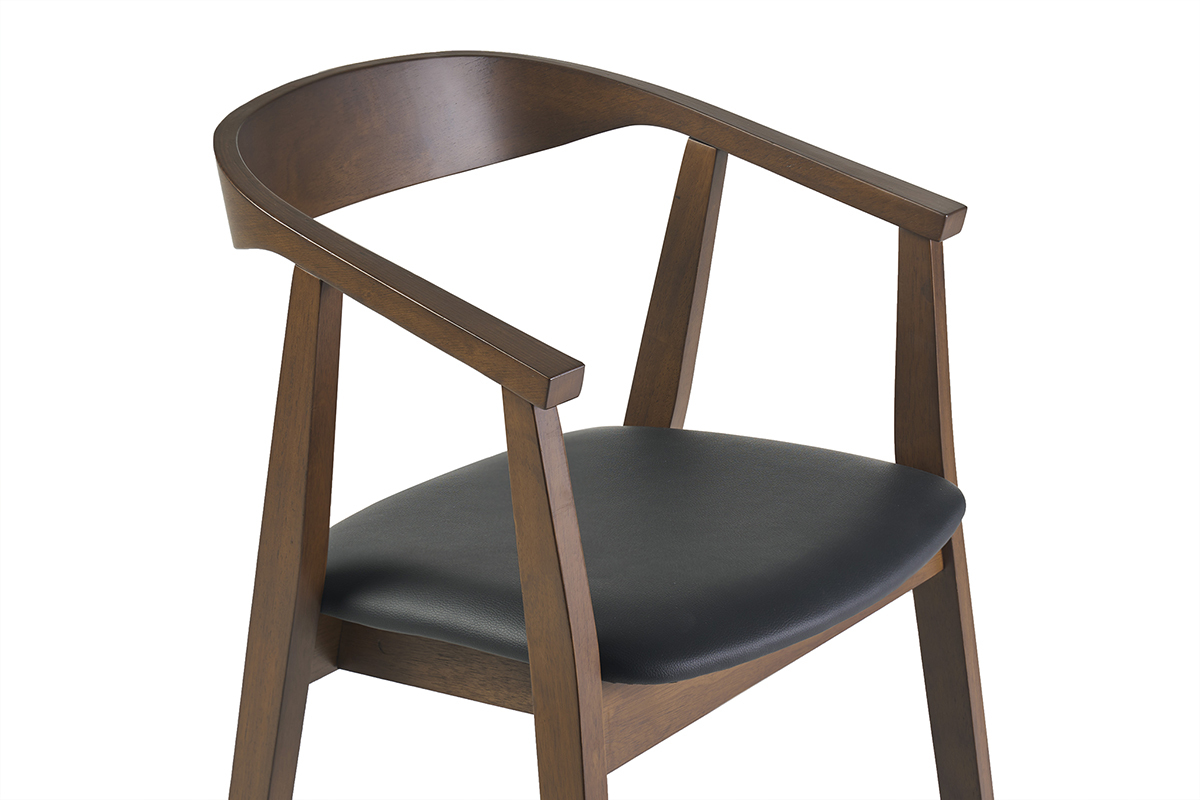 Taburete de bar escandinavo negro y madera oscura, vista lateral, con reposabrazos y asiento c�modo