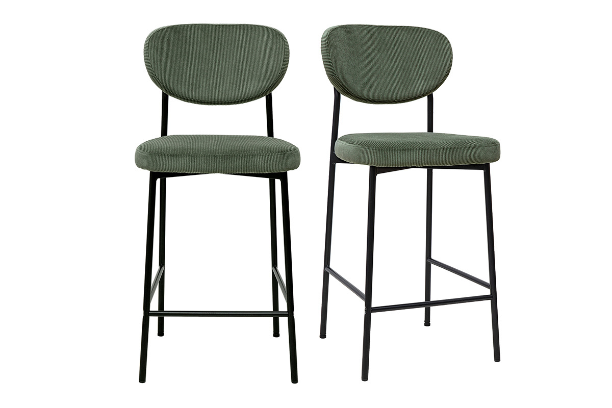 Taburetes de bar fijo en tela de terciopelo acanalado verde caqui H65 cm (juego de 2) BREKA