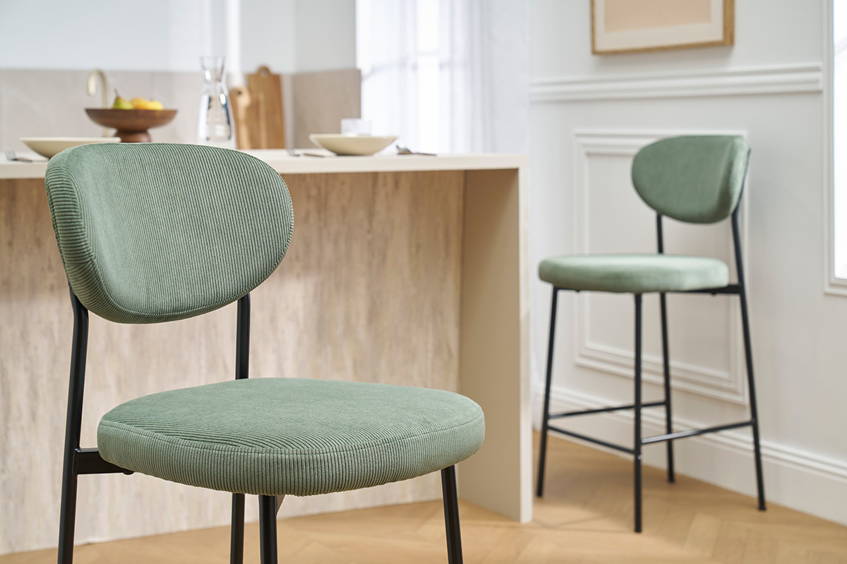 Taburetes de bar fijo en tela de terciopelo acanalado verde caqui H65 cm (juego de 2) BREKA