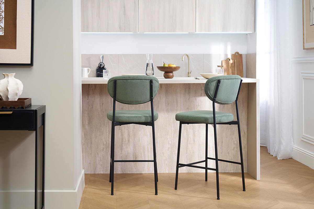 Taburetes de bar fijo en tela de terciopelo acanalado verde caqui H65 cm (juego de 2) BREKA