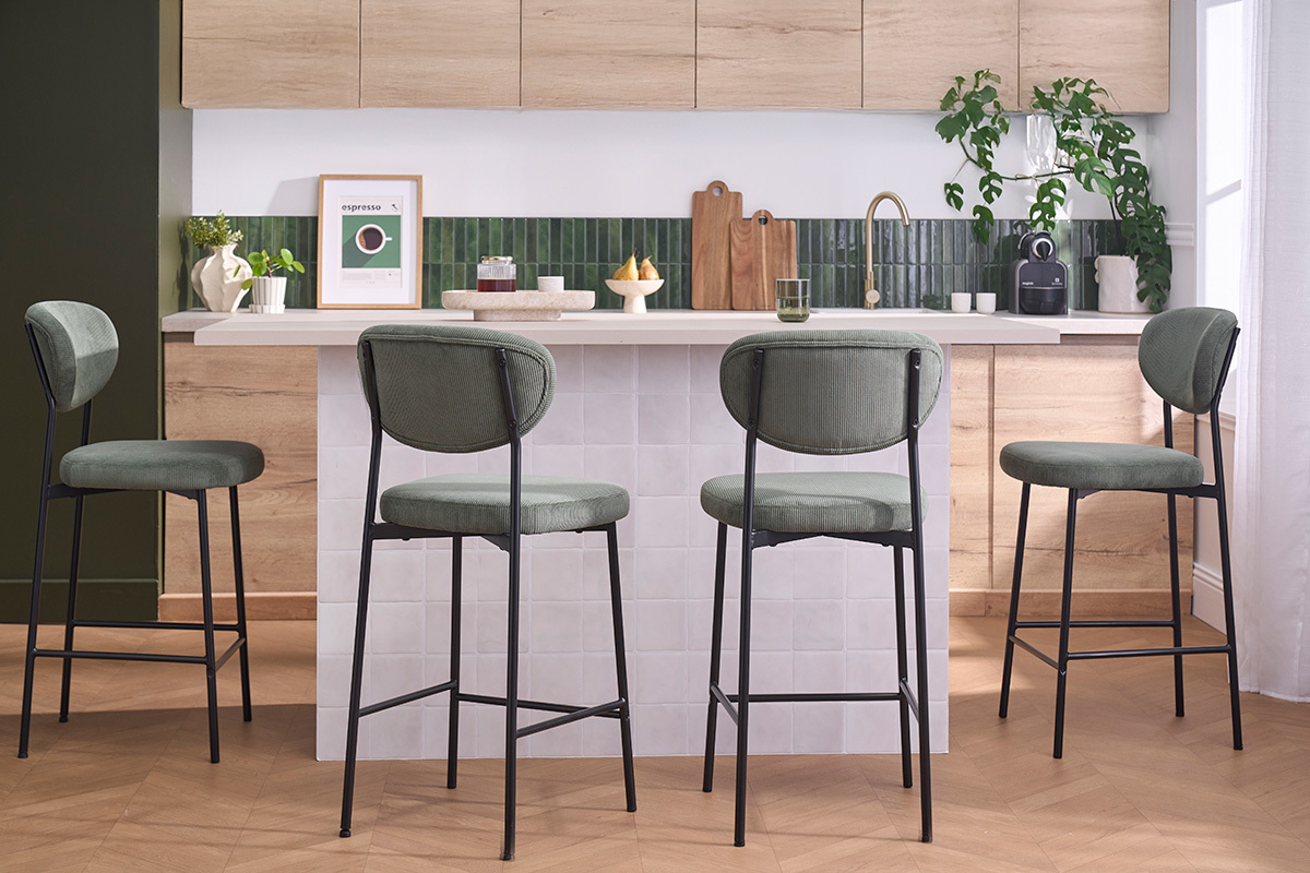 Taburetes de bar fijo en tela de terciopelo acanalado verde caqui H65 cm (juego de 2) BREKA