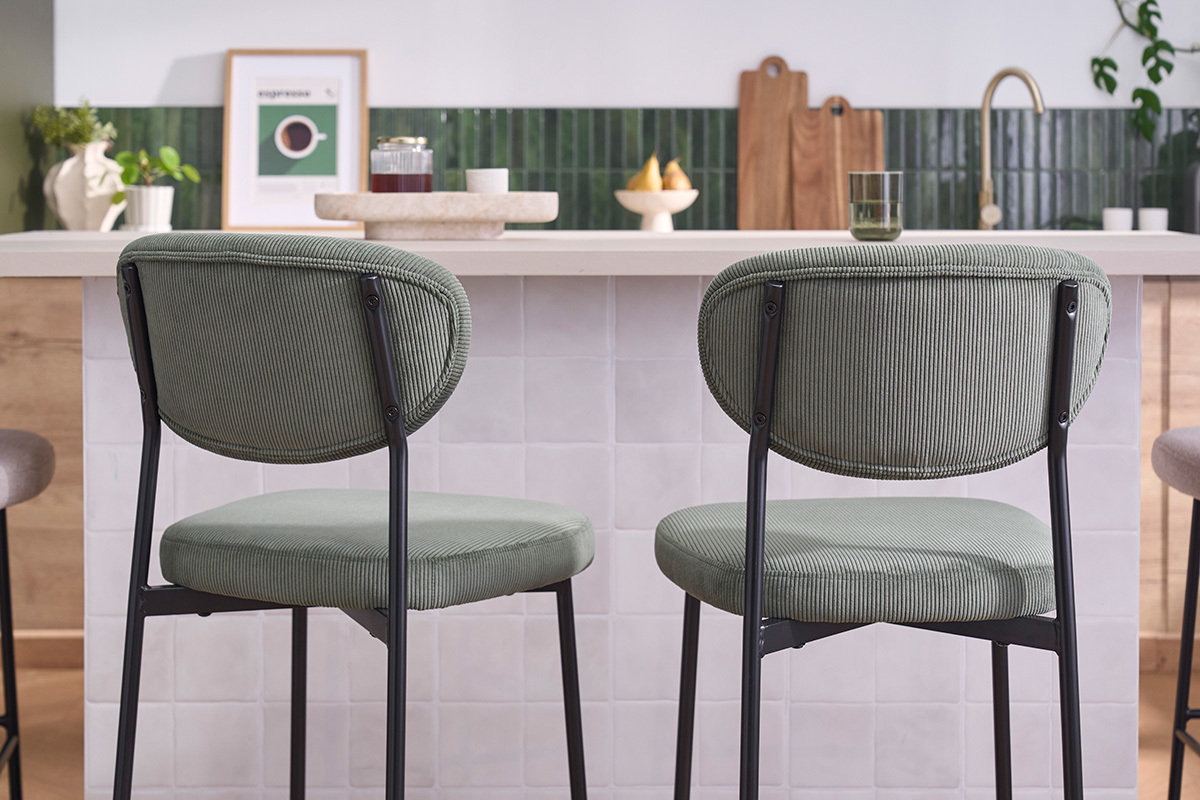 Taburetes de bar fijo en tela de terciopelo acanalado verde caqui H65 cm (juego de 2) BREKA