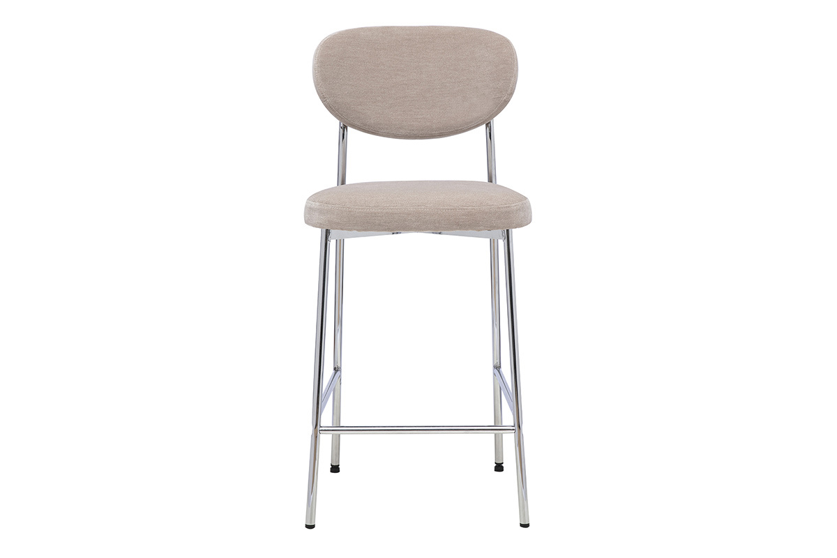 Taburete de bar fijo en tejido de terciopelo topo con base de metal negro, vista frontal.