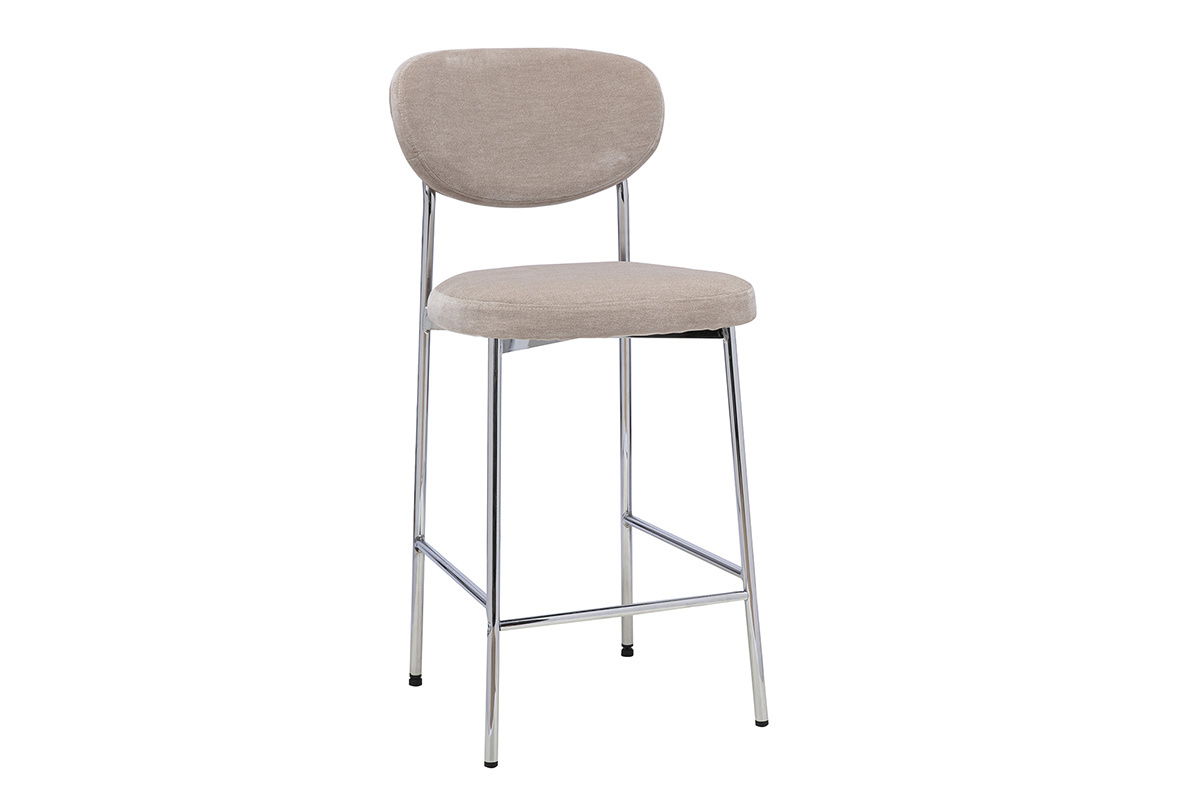 Taburete de bar fijo en tejido efecto terciopelo topo, vista de 3/4, H65 cm, base de metal negro.