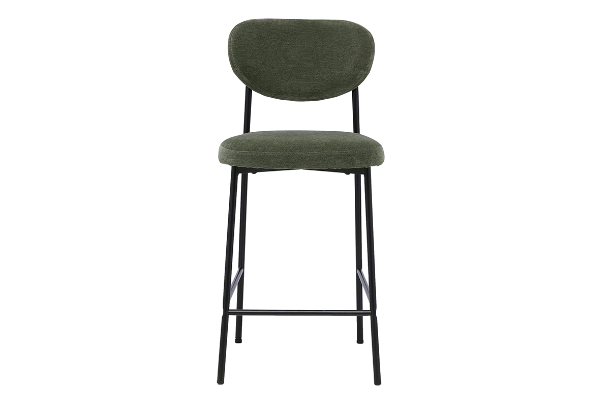 Taburete de bar fijo de tela de terciopelo verde caqui con base de metal negro, vista frontal.