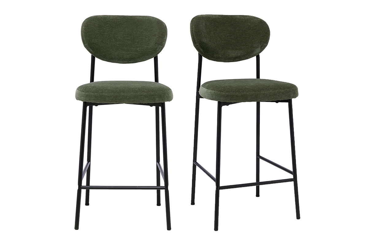 Pack de 2 taburetes de bar fijos en tejido con efecto terciopelo verde caqui y estructura de metal negro, H65 cm