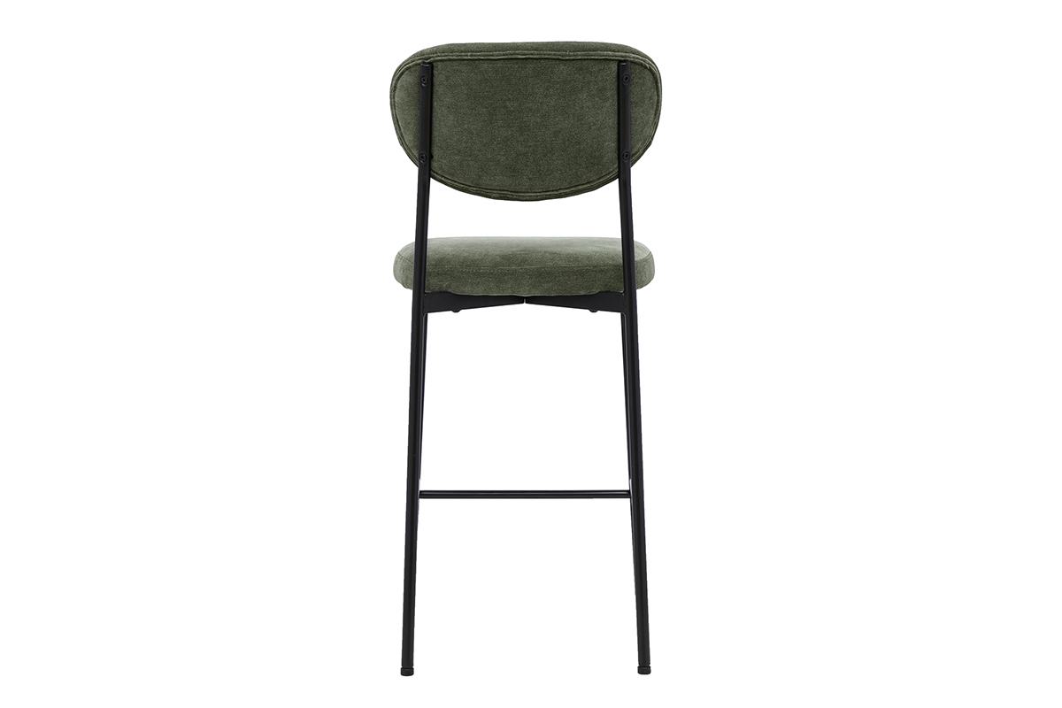 Taburete de bar fijo en tejido con efecto terciopelo verde caqui visto desde atr�s con base de metal negro
