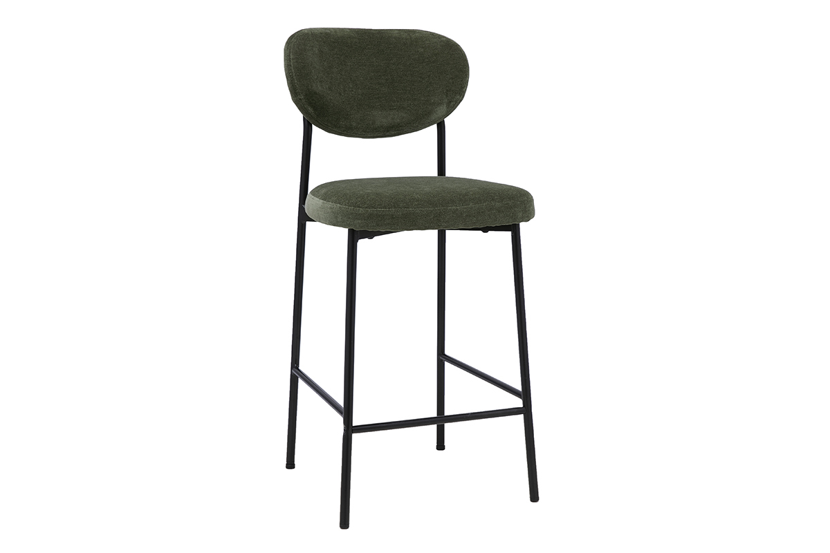 Taburete de bar fijo en tejido de terciopelo verde caqui y metal negro, H65 cm, vista de 3/4.