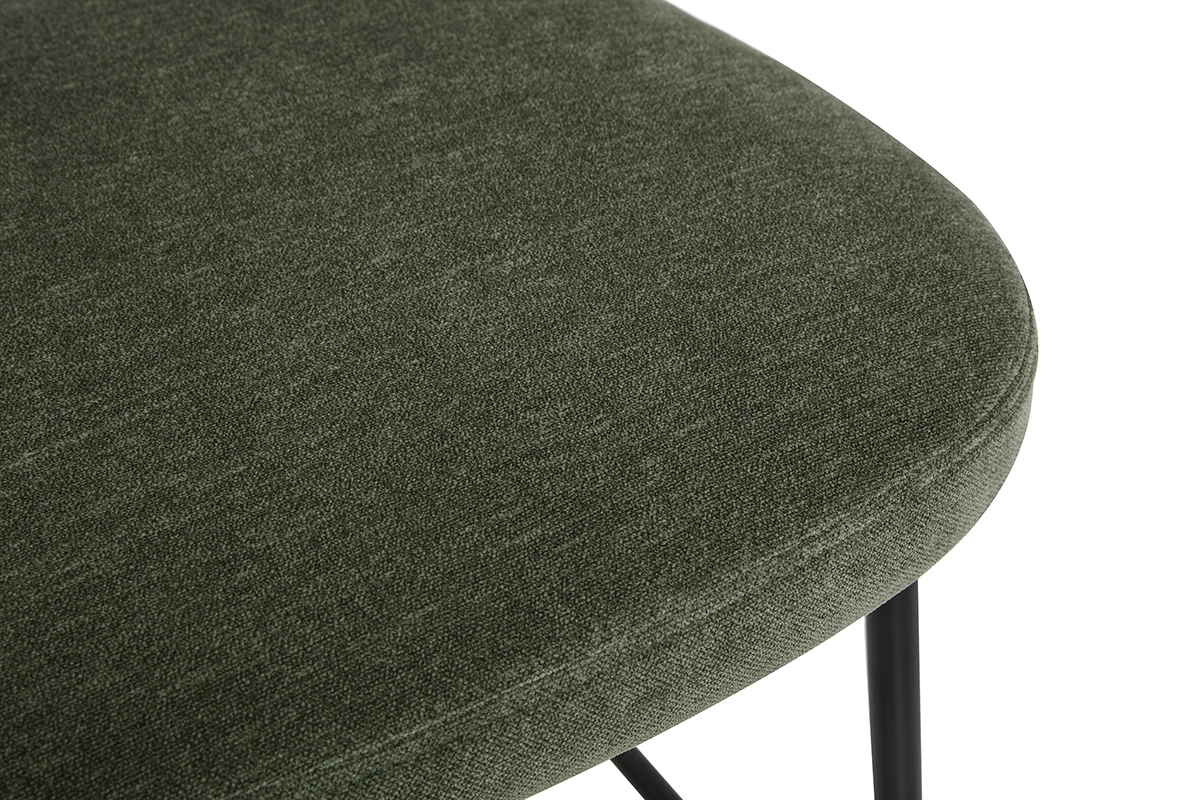 Asiento de tejido con efecto terciopelo verde caqui de un taburete de bar BREKA, vista en primer plano