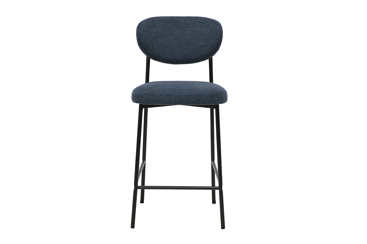 Taburete de bar fijo de tela azul oscuro con base de metal negro, vista frontal, H65 cm.