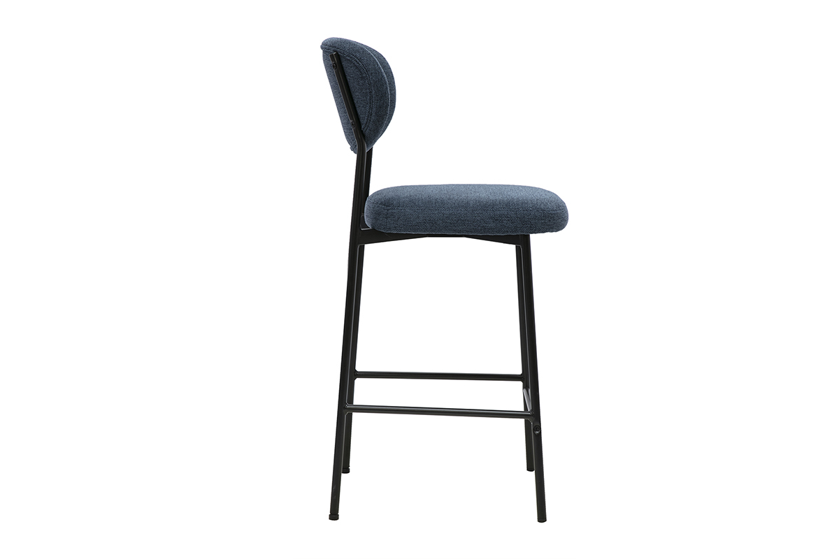 Taburete de bar fijo en tela con efecto de terciopelo texturizado azul oscuro, vista de perfil, H65 cm