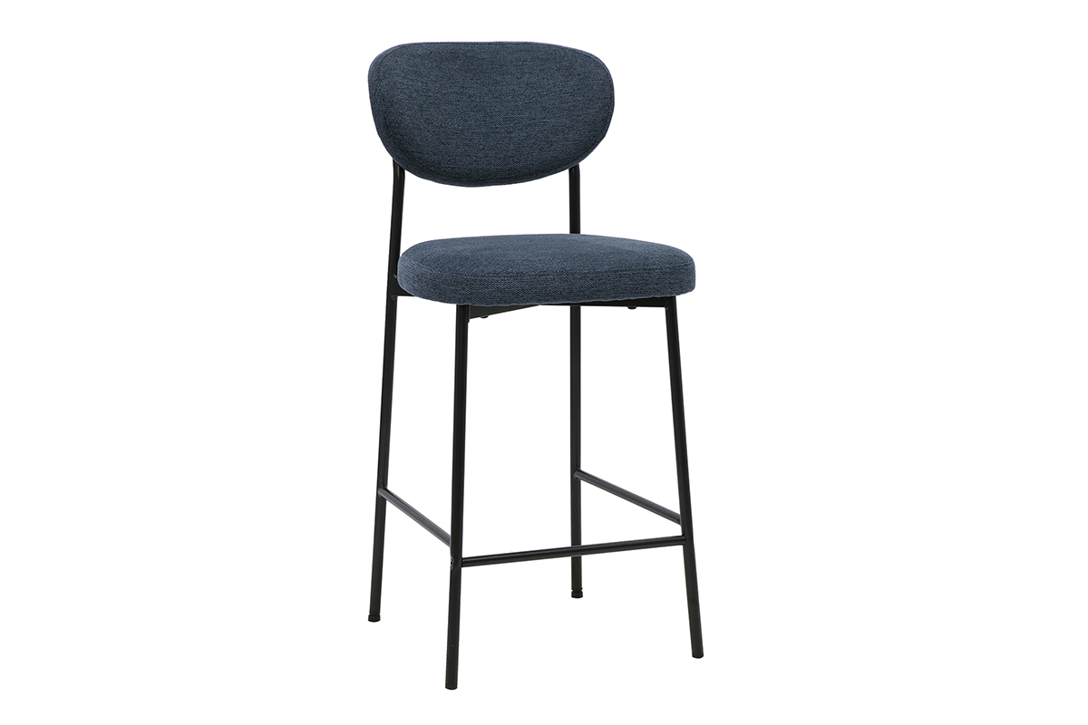 Taburete de bar fijo en tejido de terciopelo texturizado azul oscuro con base de metal negro, H65 cm.