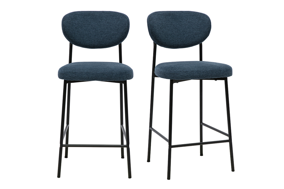 Conjunto de 2 taburetes de bar fijos en tejido efecto terciopelo azul oscuro, base de metal negro, H65 cm