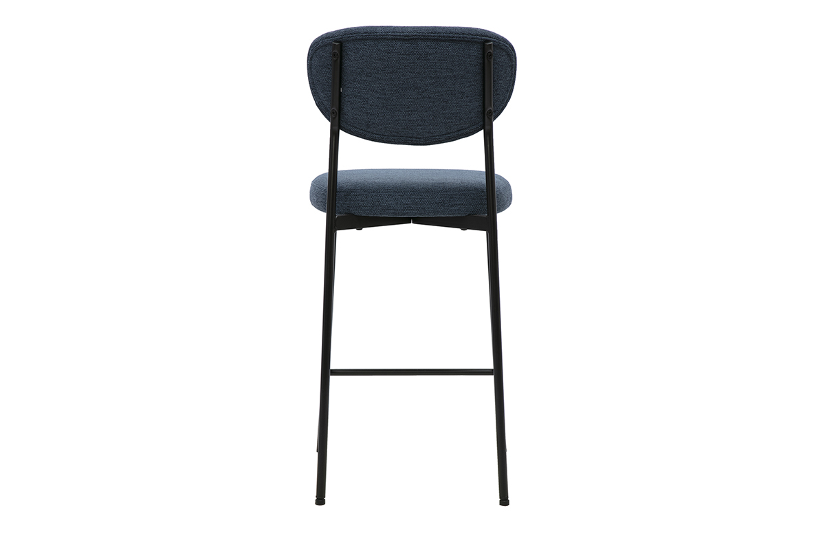 Taburete de bar fijo BREKA en tela azul oscuro, vista trasera con base de metal negro.