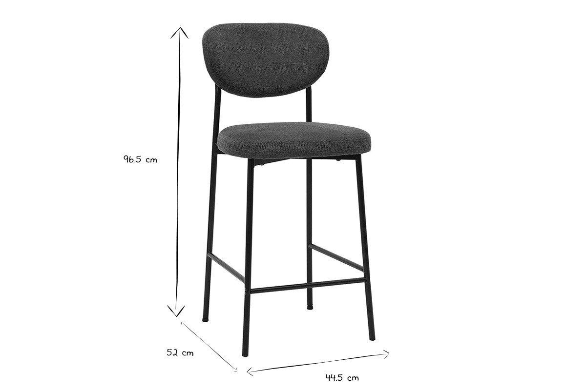 Dimensiones del taburete de bar BREKA: H96,5 cm, P52 cm, L44,5 cm en negro y blanco.