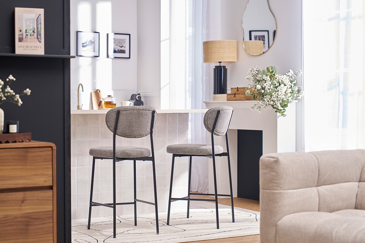 Taburetes de bar fijos de tela con efecto terciopelo texturizado de color gris claro H65 cm (juego de 2) BREKA