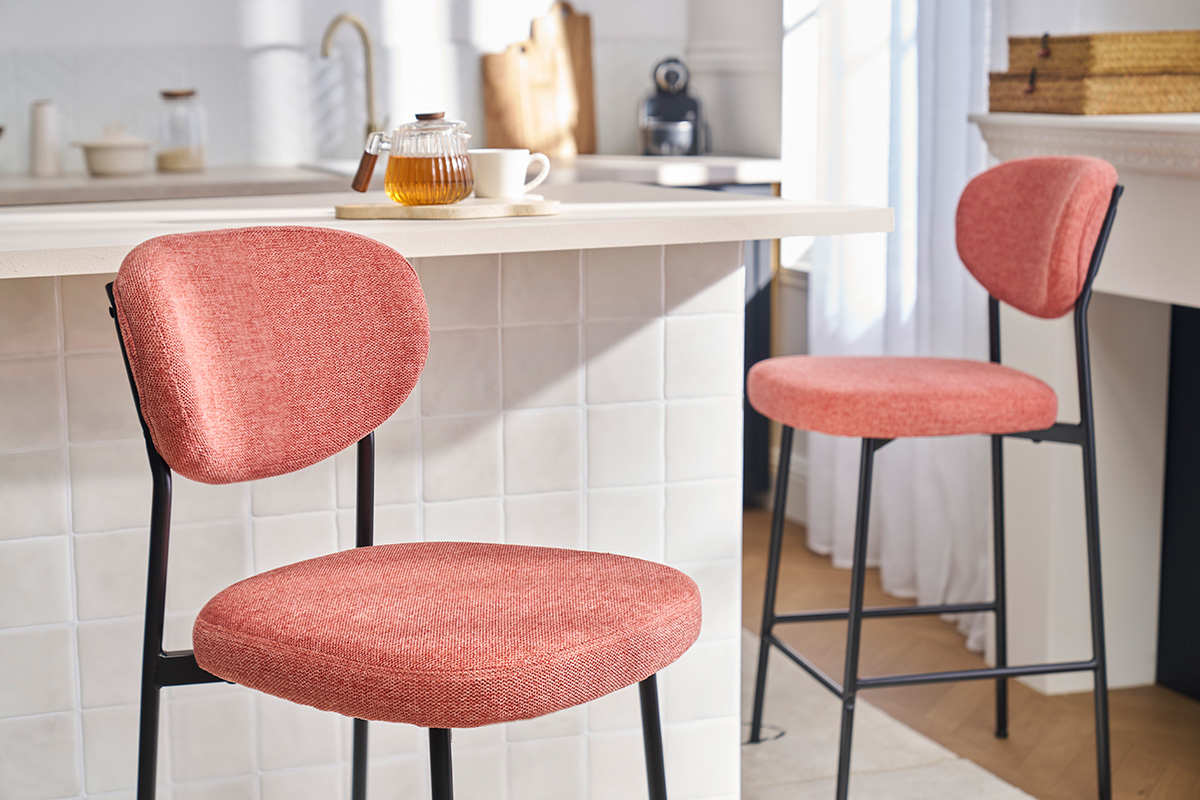 Taburetes de bar fijos de tela con efecto terciopelo texturizado terracota H65 cm (lote de 2) BREKA