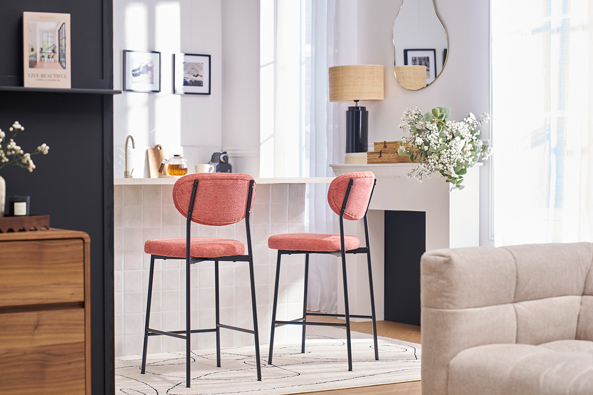 Taburetes de bar fijos de tela con efecto terciopelo texturizado terracota H65 cm (lote de 2) BREKA