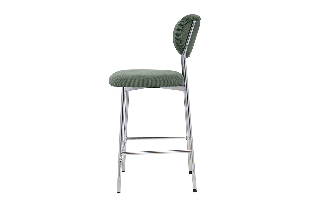 Taburete de bar fijo en tejido de terciopelo acanalado verde caqui, vista de perfil, H65 cm