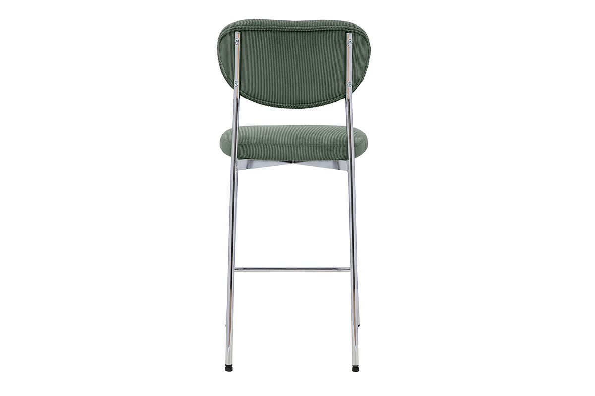Taburete de bar fijo en tejido de terciopelo acanalado verde kaki, vista trasera, H65 cm, modelo BREKA.