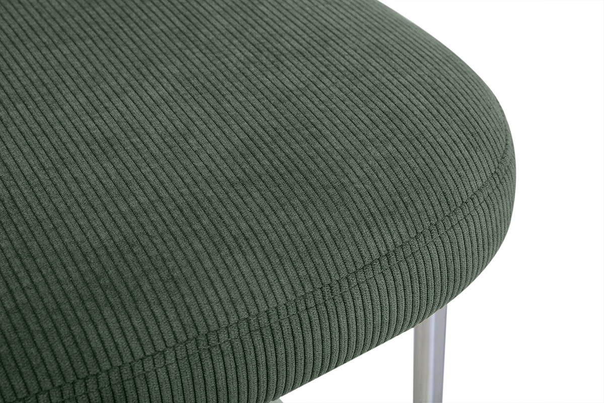 Detalle del asiento en tejido de pana verde caqui del taburete de bar BREKA.