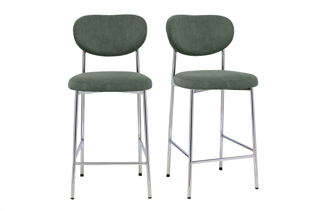Taburetes de bar fijos en tejido de terciopelo acanalado verde caqui H65 cm (lote de 2) BREKA