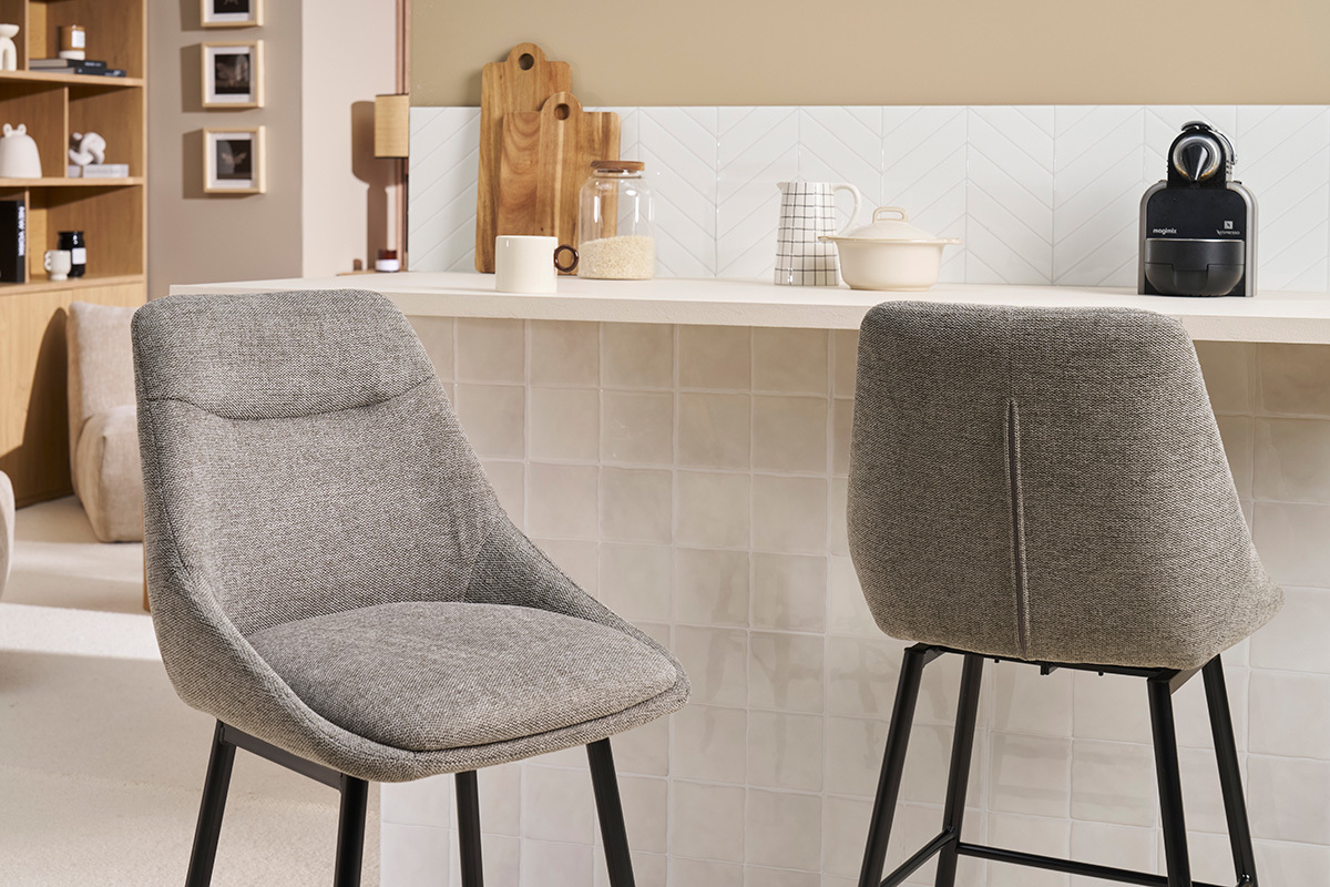 Taburetes de bar giratorios 360 en tela efecto terciopelo texturado gris y metal H66 cm (juego de 2) ALESS