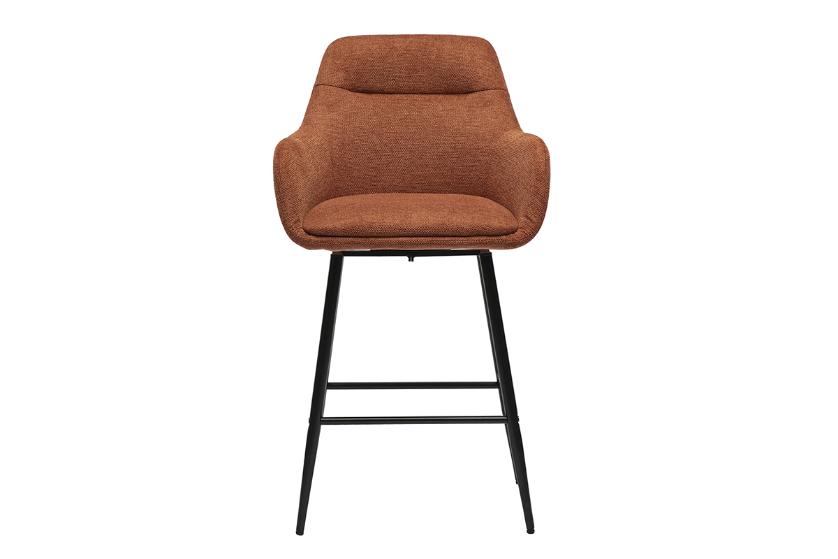 Taburete de bar giratorio de tela color tierra quemada y metal, vista frontal.
