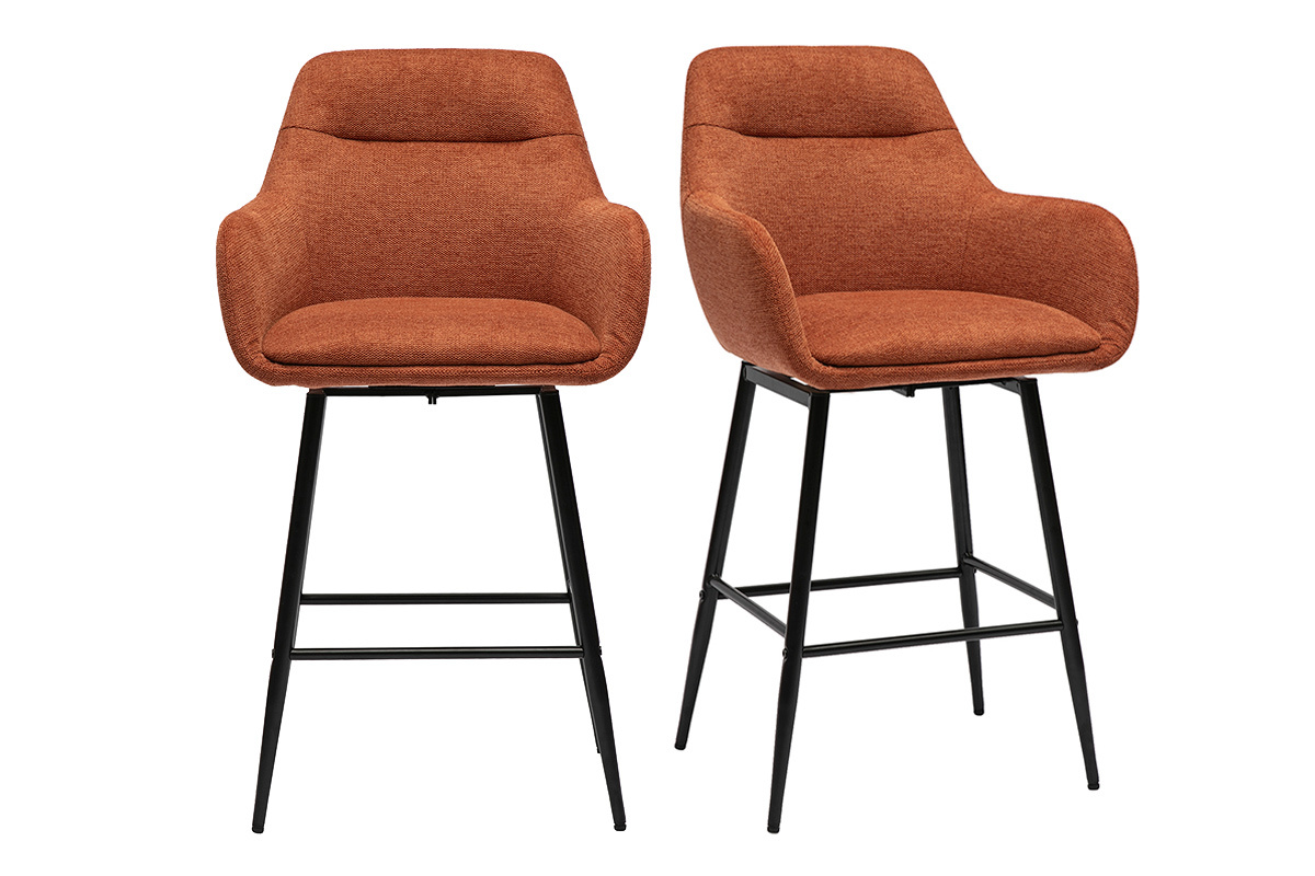 Taburetes ALESS en tela tierra quemada y metal, vista frontal.