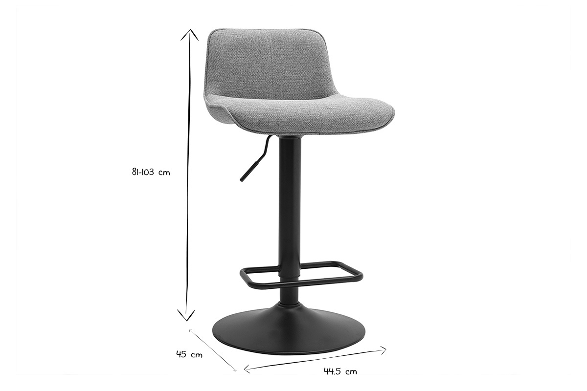 Dimensiones del taburete de bar: altura 81-103 cm, ancho 45 cm, profundidad 44,5 cm, en negro y blanco.