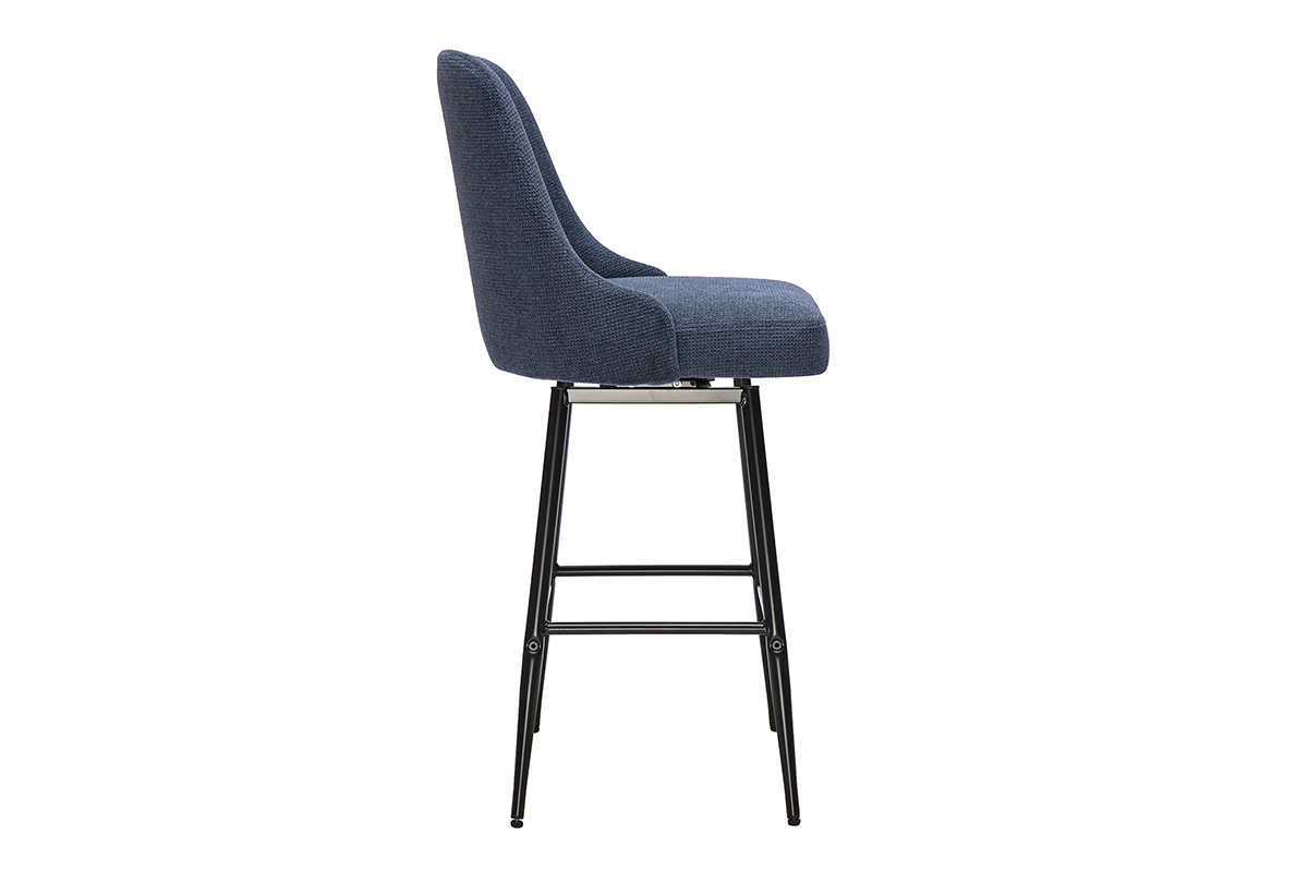 Taburete de bar HASTA en tejido chenilla azul oscuro, vista de perfil, altura 66 cm.