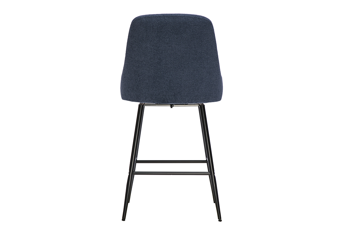 Taburete de bar giratorio de tejido de chenilla azul oscuro, vista trasera, con patas de metal negro.