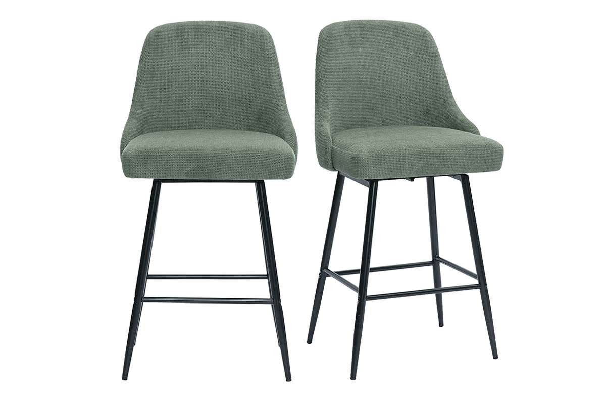 Taburetes de bar giratorios 360� en tejido chenilla verde caqui y metal H66 cm (juego de 2) HASTA