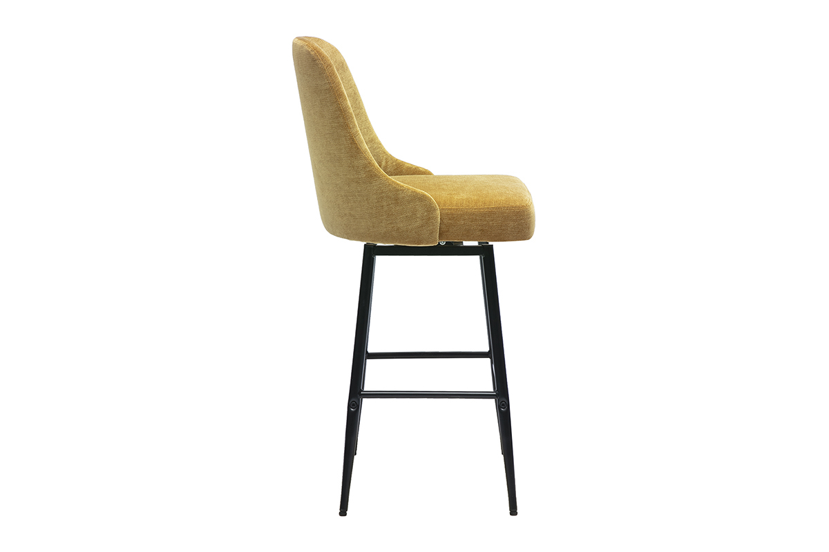 Taburete de bar giratorio de tela efecto terciopelo amarillo curry y metal negro, vista de perfil