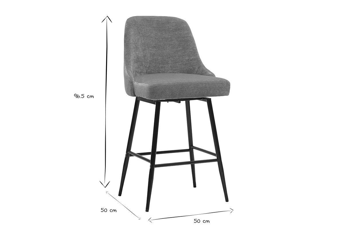 Dimensiones de los taburetes de bar HASTA en blanco y negro: 96,5 cm de altura, 50 cm de ancho.