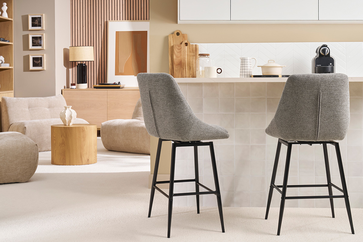 Taburetes de bar giratorios 360� en tela efecto terciopelo texturado gris y metal H66 cm (juego de 2) ALESS