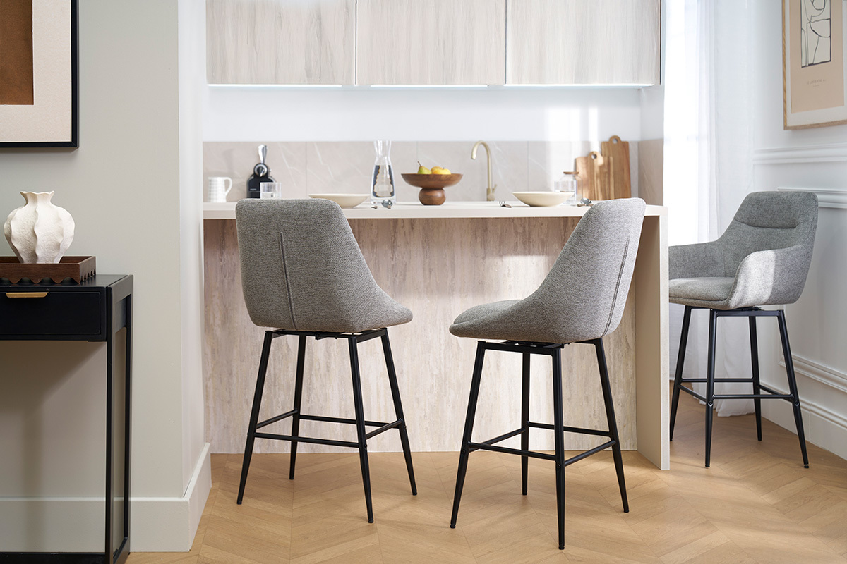 Taburetes de bar giratorios 360� en tela efecto terciopelo texturado gris y metal H66 cm (juego de 2) ALESS