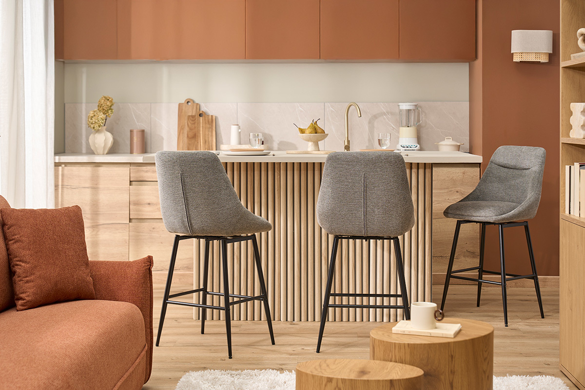 Taburetes de bar giratorios 360� en tela efecto terciopelo texturado gris y metal H66 cm (juego de 2) ALESS