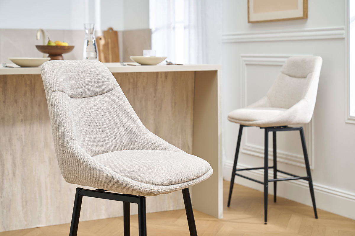 Taburetes de bar giratorios 360� en tela efecto terciopelo texturizado beige y metal H66 cm (juego de 2) ALESS