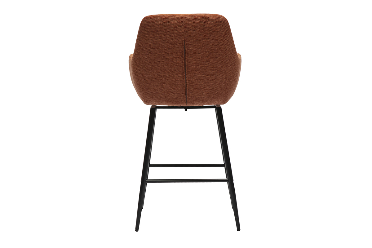 Taburete ALESS vista trasera, tela tierra quemada, patas metal negro.