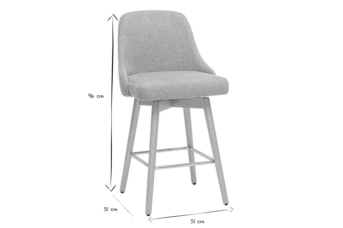 Dimensiones de un taburete de bar escandinavo, altura 96 cm, ancho 51 cm, en negro y blanco.