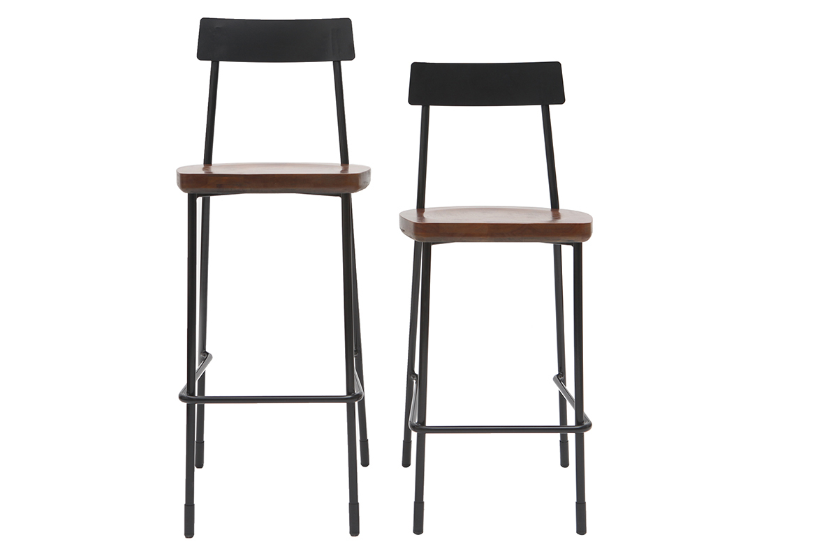 Taburetes de bar industriales metal y madera negra 65 cm (lote de 2) OUDIN