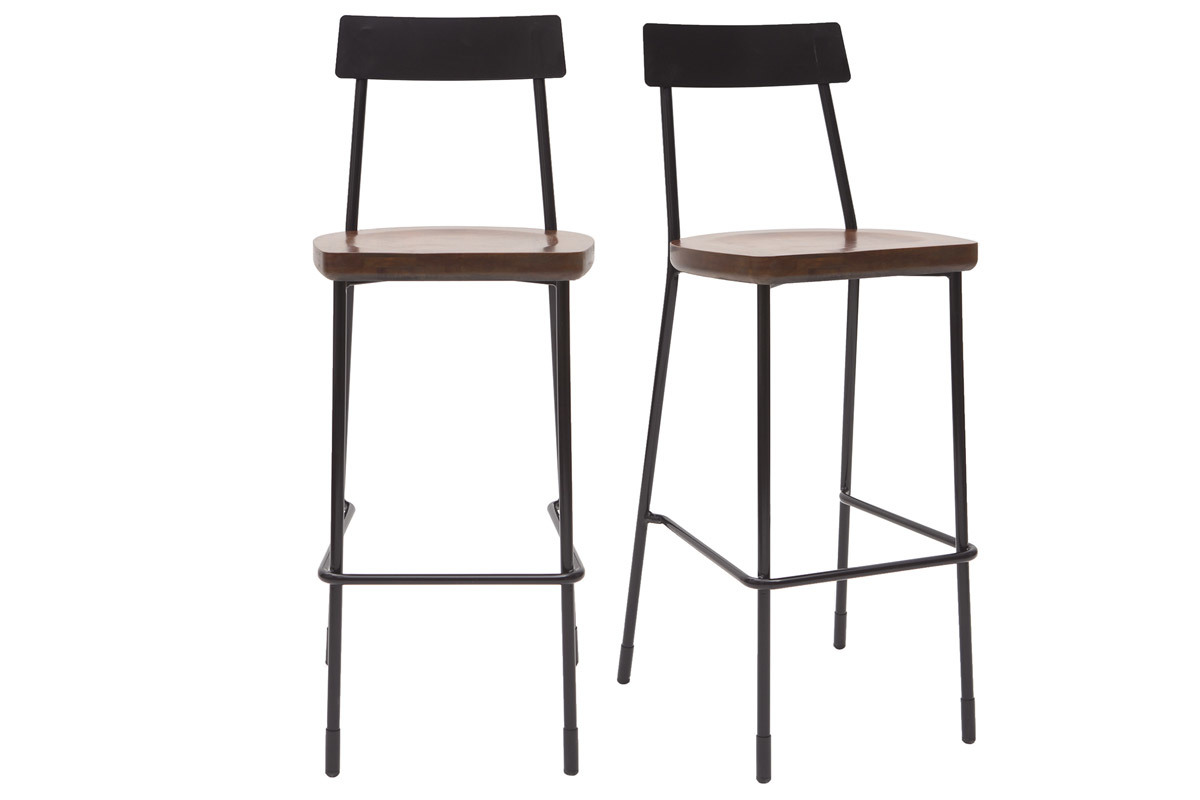 Taburetes de bar industriales metal y madera negra 75 cm (lote de 2) OUDIN
