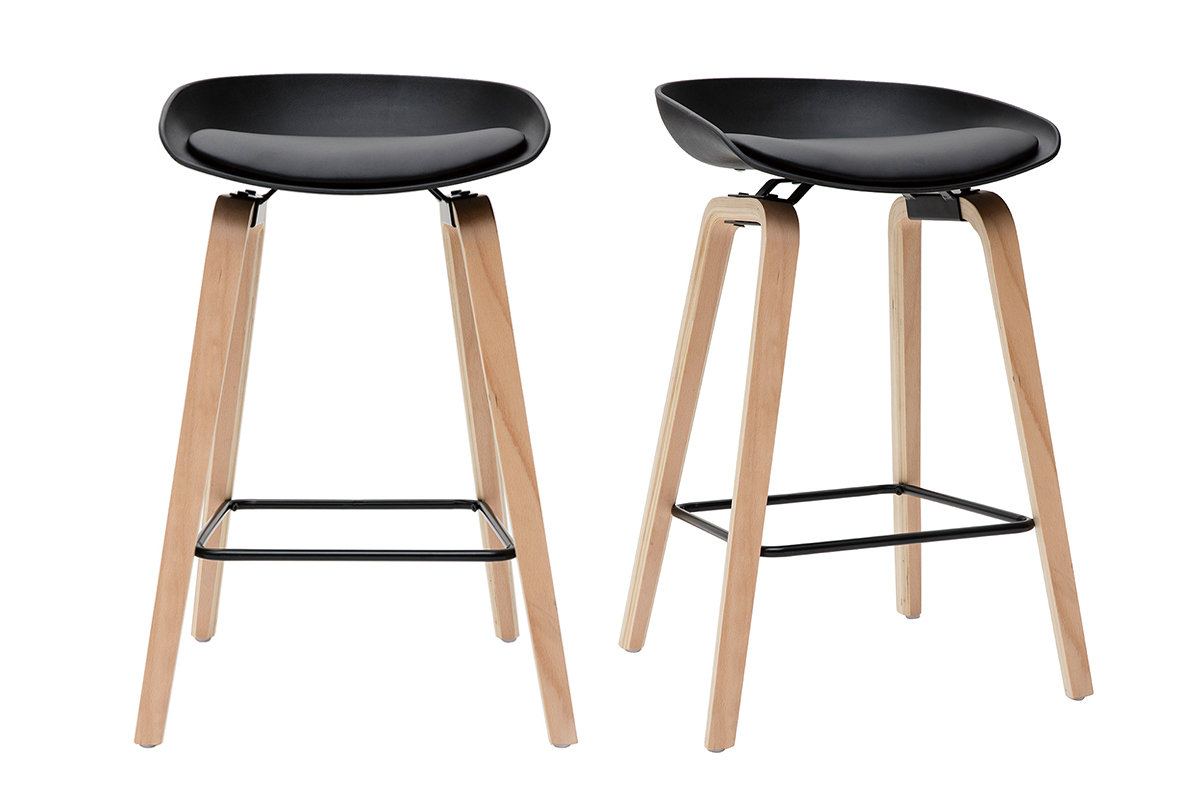 Taburetes de bar negro y patas madera 65 cm (lote de 2) LINO